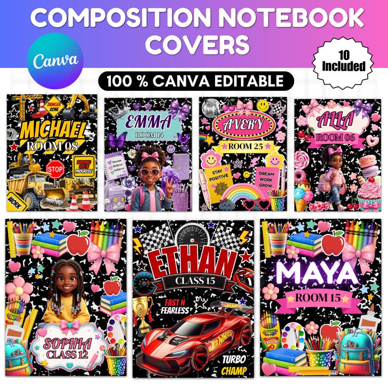 May include: A set of ten editable composition notebook covers featuring diverse graphic themes including construction vehicles, race cars, and school supplies. Each cover displays customizable names and room numbers against black backgrounds.