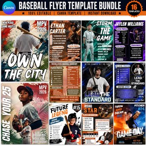 Puede incluir: Un paquete digital de 16 plantillas de folletos de béisbol con varios perfiles de jugadores, fotos de acción y estadísticas. Los diseños incluyen texto como OWN THE CITY, CHASE YOUR 25 y STORM THE GAME, con diseños editables para información.