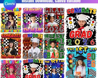 10 1st Lap Graduation Canva Template, Preschool Grad 2026 Template, Racing Theme Graduation Poster, Kids Grad Photo Template