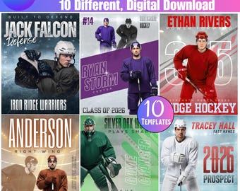 10種類のホッケーCanvaテンプレートバンドル、編集可能なホッケーポスター、シニアナイトバナー、チームカード＆メモリーメイトテンプレート、カスタムスポーツグラフィック