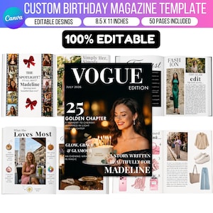 Personalized Birthday Magazine Template Canva, Custom Vogue Magazine Cover, Editable Birthday Gift, 50 Page Magazine Template