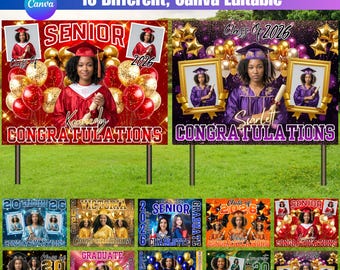 2026年卒業記念ヤードサインテンプレート10枚セット、編集可能なCanvaシニアヤードサイン、2026年卒業生フォトサインデザイン、卒業パーティー装飾