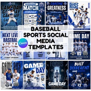 May include: A collection of twelve blue and white baseball-themed social media templates featuring action shots of players, team logos, game schedules, and bold typography with phrases like Game Day, Chasing Greatness, and Built Different.