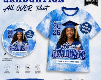Blauw afstuderen all-over print shirt Canva-sjabloon 2026, Bootleg Senior aangepaste foto AOP-T-shirt bewerkbaar, sublimatieshirt downloaden