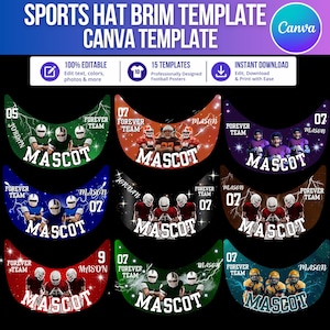 May include: A digital collection of 15 customisable sports hat brim templates for Canva. Each template features a curved design with football player graphics, lightning effects, and text including "MASCOT," "FOREVER TEAM," and player names.