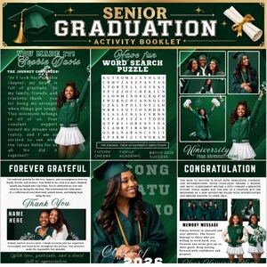07 Senior Graduation Activity Booklet Template, Canva Editable Green Grad Magazine Program, Class of 2026 Party Favor Announcement
