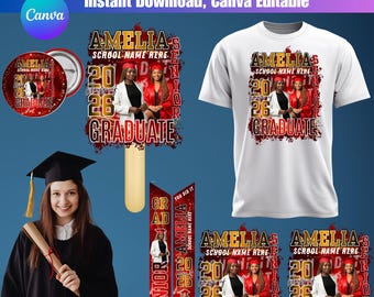 2026年卒業式用赤いCanvaテンプレートバンドル、編集可能な卒業式Tシャツデザイン、写真付き扇子パドルピンバッジセット、2026年卒業生パーティーダウンロード