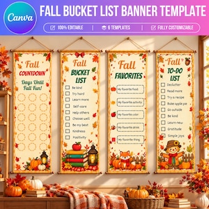 May include: Four vertical hanging banners featuring fall-themed designs with autumn leaves, pumpkins, and foxes. The banners include text for a Fall Countdown, Fall Bucket List, Fall Favorites, and a Fall To-Do List with checkboxes.