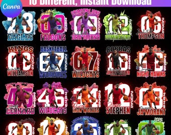 20種類のバスケットボールTシャツCanva編集可能テンプレート、チームバスケットボールシャツデザイン、ラップTシャツ、バスケットボールシニアナイト、バスケットボール選手テンプレート