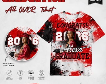 Rode afstuderen all-over print shirt canvas sjabloon 2026, bootleg senior aangepaste foto AOP tshirt bewerkbaar, klasse van 2026 sublimatie downloaden