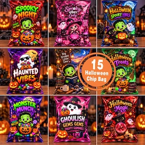 May include: A collection of 15 Halloween-themed chip bags featuring colorful illustrations of cartoon monsters, ghosts, and pumpkins. Each bag displays unique text such as Spooky Night, Haunted Vibes, Monster Munch, and Ghoulish Gems Fruity Gummies.