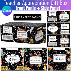 May include: Teacher appreciation gift box with a composition book design. The box features the text "Thanks for pushing me forward" and "Composition Book" with teacher names. Includes colorful pencils and school-themed graphics.