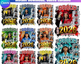 Paquete de 10 plantillas de camisetas de graduación para mamás orgullosas 2026, diseños de camisetas de graduación editables en Canva, graduación familiar, camiseta personalizada con foto de la clase de 2026