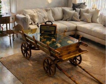 Mesa de centro de madera hecha a mano con forma de carro – Mesa rústica de granja, decoración única para la sala de estar, muebles de estilo vintage