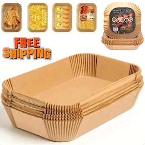 May include: Stack of brown air fryer parchment paper liners with a rectangular shape. The image also shows food samples in small trays, including chicken, cheese, eggs, and other items. The text "DOMESTIC KING" is visible on the packaging.