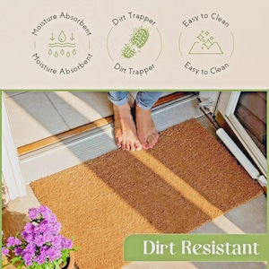Pu&ograve; includere: Un zerbino rettangolare marrone con la scritta "Dirt Resistant" &egrave; posto davanti a una porta. Il tappeto &egrave; realizzato in un materiale strutturato e presenta icone che indicano che &egrave; assorbente, trattiene lo sporco e facile da pulire.