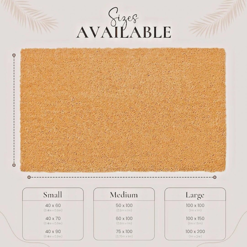 Pu&ograve; includere: Un zerbino rettangolare di colore beige naturale. L'immagine mostra le opzioni di dimensioni: Piccolo (100 x 60 cm, 100 x 70 cm, 100 x 90 cm), Medio (50 x 100 cm, 60 x 100 cm, 75 x 100 cm) e Grande (100 x 100 cm, 100 x 150 cm, 100 x 200 cm). Il testo "Sizes AVAILABLE" &egrave; in alto.