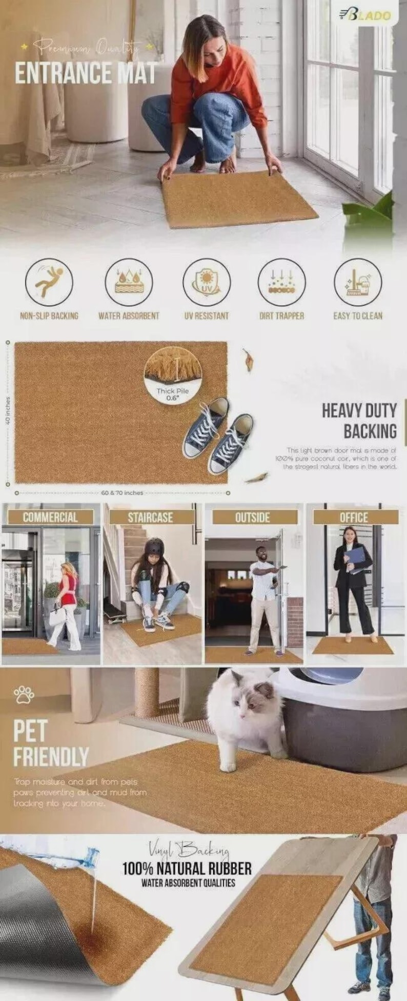 Pu&ograve; includere: Un tappetino d'ingresso rettangolare marrone con la scritta "ENTRANCE MAT". Il tappetino &egrave; realizzato con fibre naturali, &egrave; assorbente e ha un supporto antiscivolo. Dimensioni: 152 & 178 cm di lunghezza e 102 cm di larghezza.