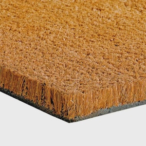 Pu&ograve; includere: Primo piano di un zerbino rettangolare realizzato con fibre di cocco marroni naturali. Il tappeto ha un bordo grigio scuro e una superficie strutturata, ideale per pulire le scarpe. Le fibre sono fitte, creando un accessorio per l'ingresso durevole.