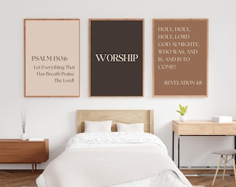 Christian Wall Art Set of 3, Worship Scripture Prints, Minimalist Bible Verse Decor, Neutral Christian Digital Download