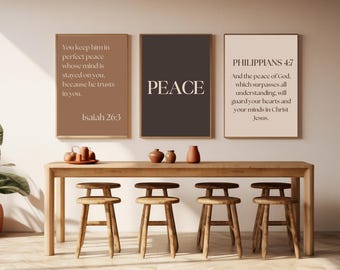 Christian Wall Art Set of 3, Peace Scripture Prints, Minimalist Bible Verse Decor, Neutral Christian Digital Download