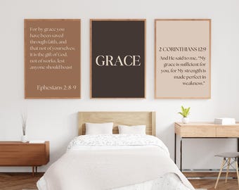 Christian Wall Art Set of 3, Grace Scripture Prints, Minimalist Bible Verse Decor, Neutral Christian Digital Download