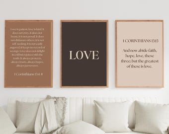 Christian Wall Art Set of 3, Love Scripture Prints, Minimalist Bible Verse Decor, Neutral Christian Digital Download