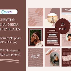 May include: A digital template set for Christian social media posts. The design features a palette of brown and pink hues, with images and text overlays. Includes 25 customizable posts and 25 bonus Instagram highlight templates.