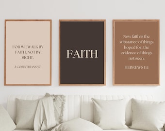 Christian Wall Art Set of 3, Faith Scripture Prints, Minimalist Bible Verse Decor, Neutral Christian Digital Download