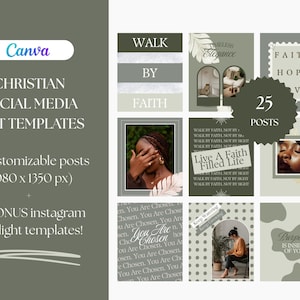 May include: A collection of Christian social media post templates. The design features a palette of olive green, gray, and white. The templates include inspirational quotes and images, with the Canva logo at the top.