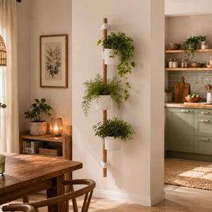 Peut inclure: Un support mural vertical pour plantes composé d'un long poteau en bois fixé par des supports blancs. Trois pots cylindriques blancs sont fixés au poteau à différentes hauteurs, chacun contenant une plante verte au feuillage retombant.