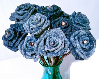 Upcycled Denim Roses with Stems, Blue Jeans Roses, Birthday Gift, Eco-Friendly Flowers, Denim Flowers, Recycled Denim Flowers, Fabric Flower