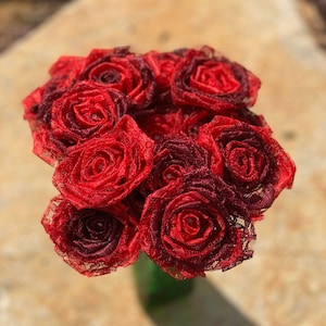 Red Ombré Lace Roses with Stems, Lace Flower Bouquet, Lace Flowers, Lace Roses, 13th Wedding Anniversary Gift, Lace Gift for Her, Thirteenth