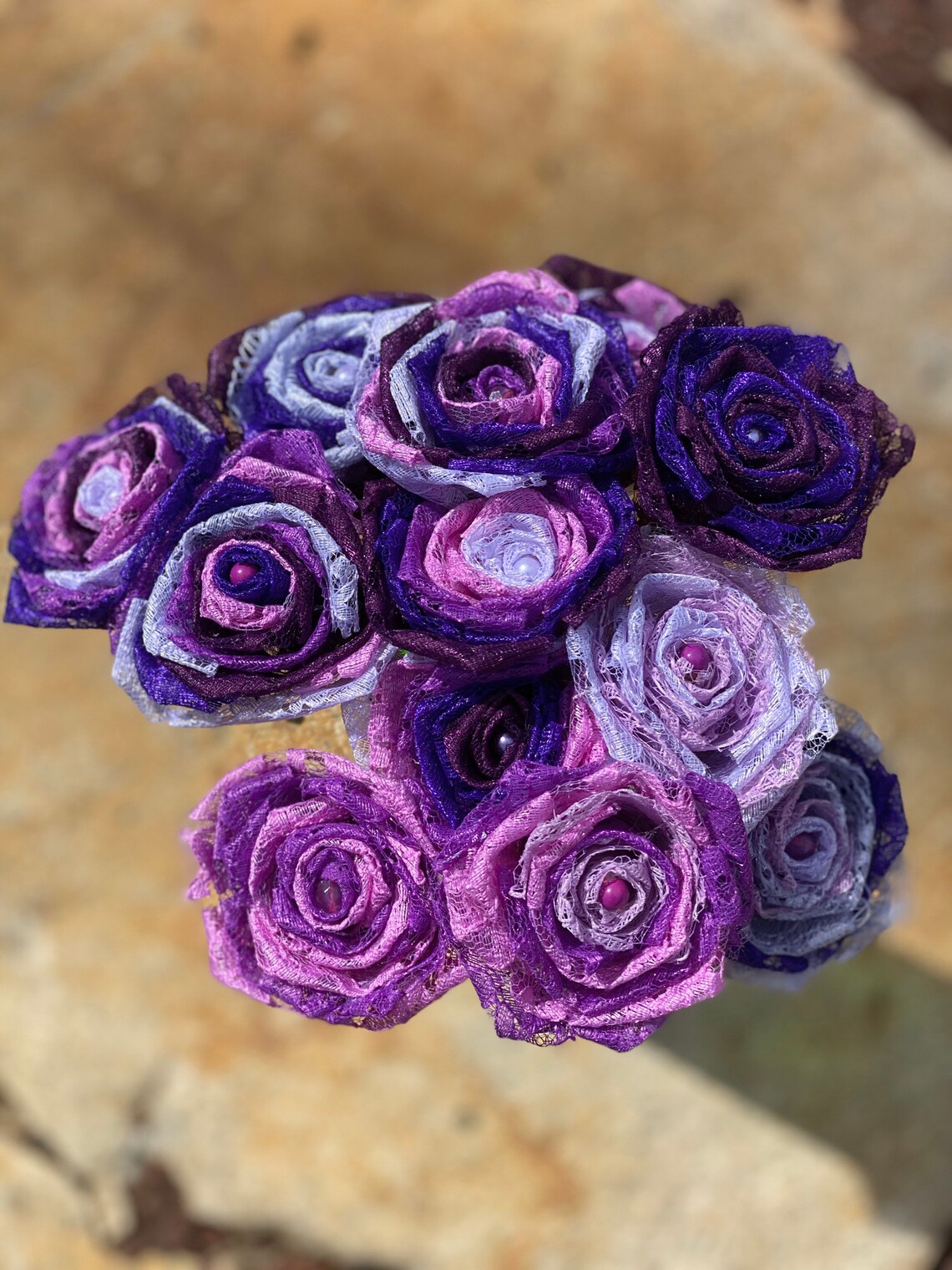 Purple Lace Roses With Stems Lace Flower Bouquet Purple Lace Etsy