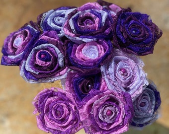 Purple Lace Roses with Stems, Lace Flower Bouquet, Purple Lace Flowers, Lace Roses, 13th Wedding Anniversary Gift, Lace Gift for Her,