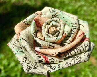 Map Print Cotton Roses with Stems, Wedding Bouquet, Map Print Roses, Cotton Roses, Cotton Anniversary, Second Anniversary, Gift for Her