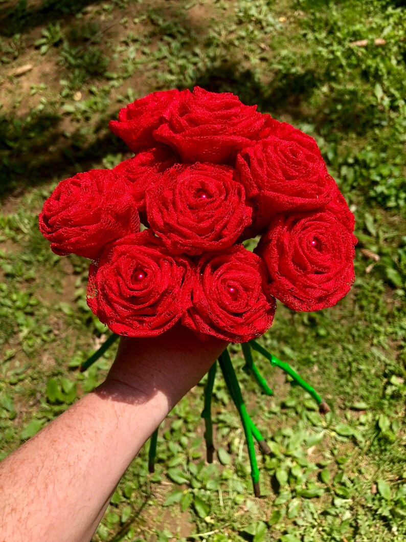13th Wedding Anniversary Gift Red Lace Flower Bouquet Red Lace Roses with Stems Wedding Bouquet Lace Flowers Red Roses Lace Roses