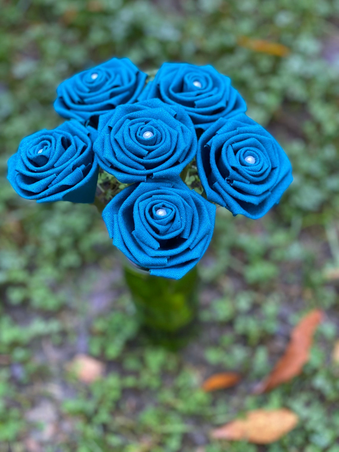Teal Linen Roses with Stems Linen Flower Bouquet Linen Etsy