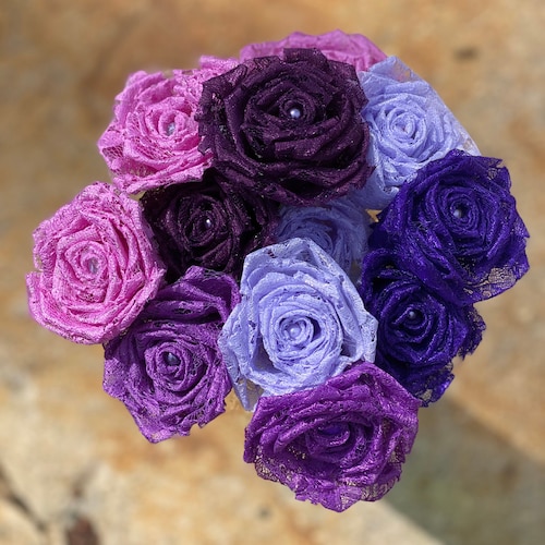 Purple Lace Roses With Stems Lace Flower Bouquet Purple Lace Etsy