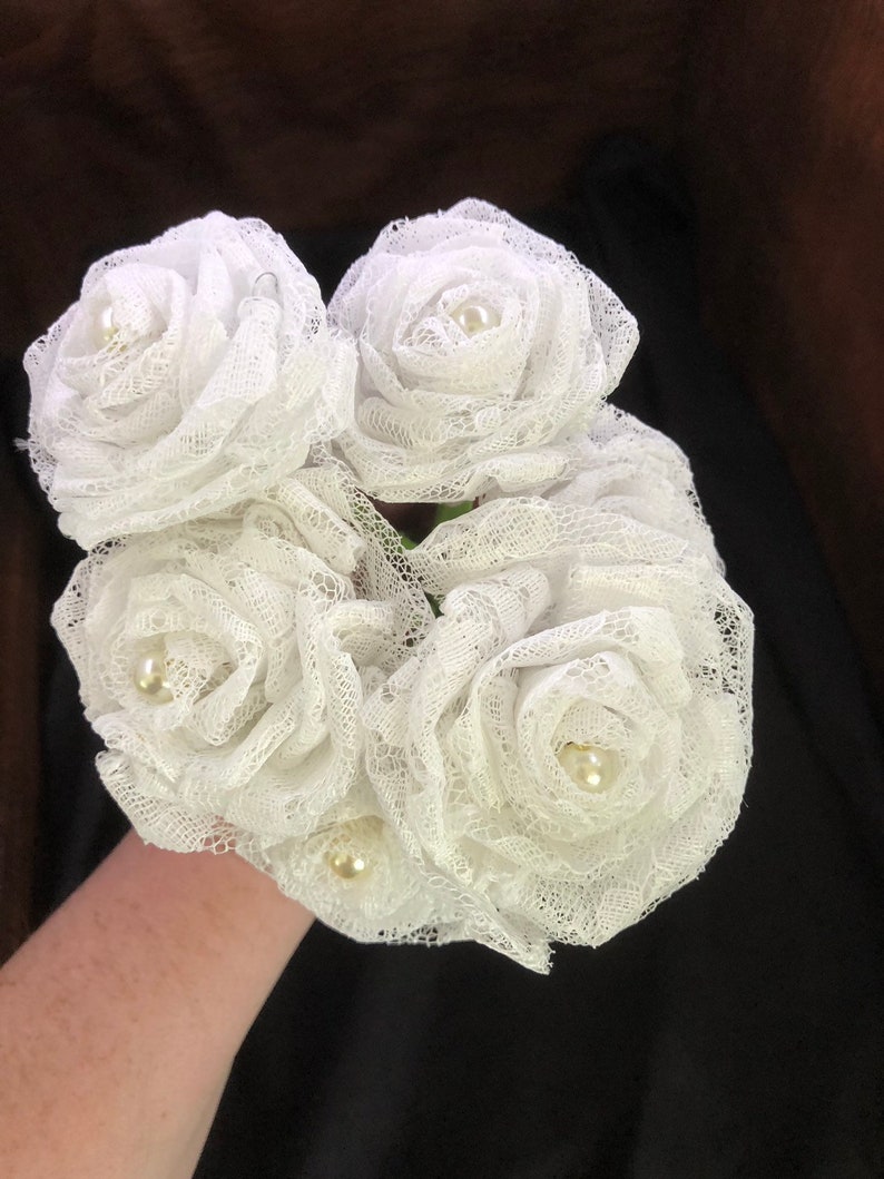 White Lace Roses With Stems Lace Flower Bouquet Lace Etsy