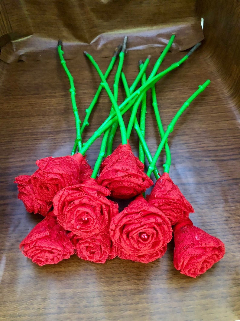 13th Wedding Anniversary Gift Red Lace Flower Bouquet Red Lace Roses with Stems Wedding Bouquet Lace Flowers Red Roses Lace Roses