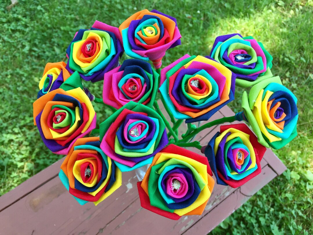 Rainbow Cotton Roses With Stems, Wedding, Rainbow Bouquet, Rainbow