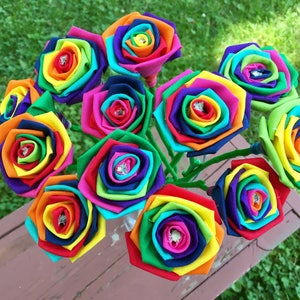 Rainbow Cotton Roses with Stems, Wedding, Rainbow Bouquet, Rainbow Roses, Cotton Roses, Cotton Anniversary, Second Anniversary, Gift for Her