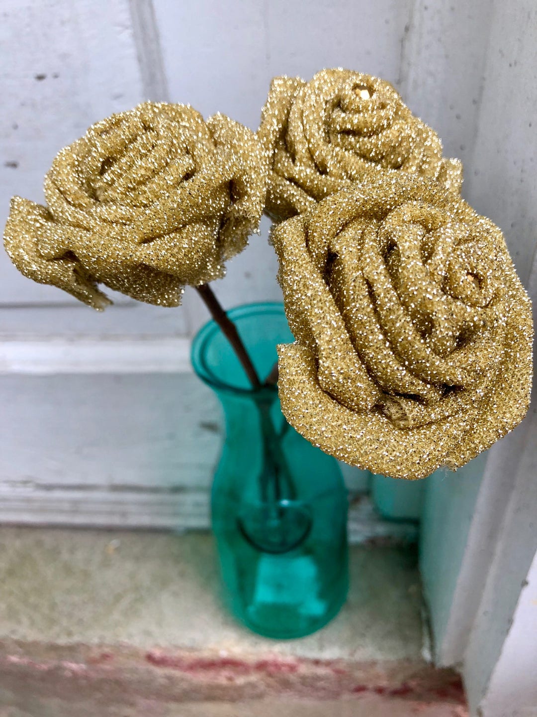 Gold Metallic Fabric Roses With Stems Gold Flower Bouquet - Etsy