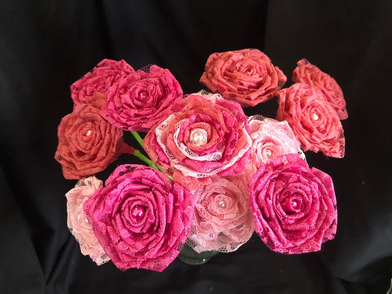 Pink Lace Roses with Stems Pink Lace Flower Bouquet Pink Etsy
