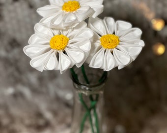 White Cotton Daises with Stem, Daisy Bouquet, Cotton Flower, Fabric Daisy, 2nd Wedding Anniversary, Cotton Anniversary, Gift for Her, Second