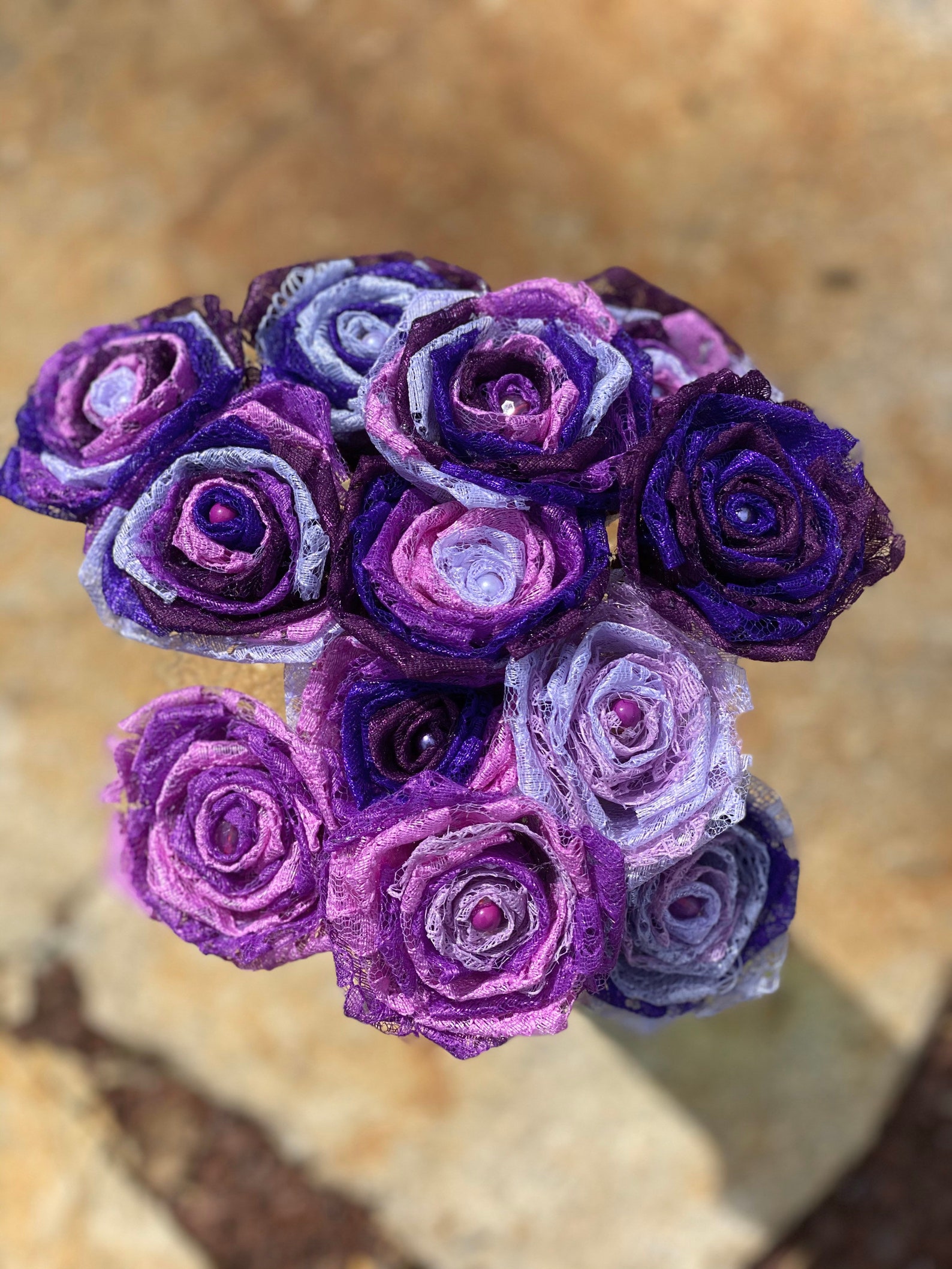 Purple Lace Roses With Stems Lace Flower Bouquet Purple Lace Etsy