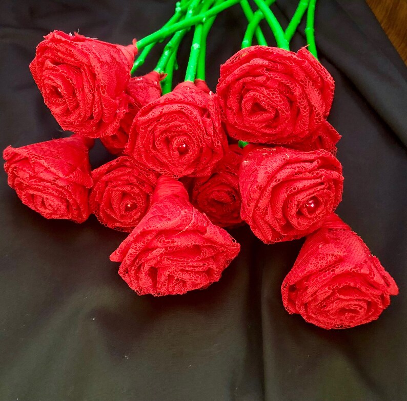 13th Wedding Anniversary Gift Red Lace Flower Bouquet Red Lace Roses with Stems Wedding Bouquet Lace Flowers Red Roses Lace Roses