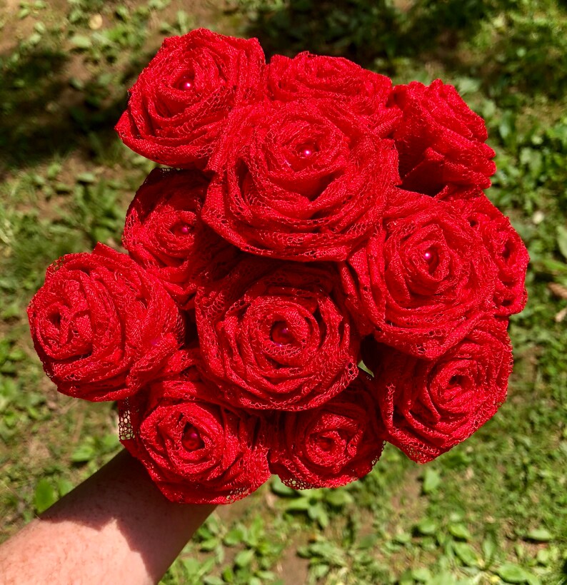 13th Wedding Anniversary Gift Red Lace Flower Bouquet Red Lace Roses with Stems Wedding Bouquet Lace Flowers Red Roses Lace Roses