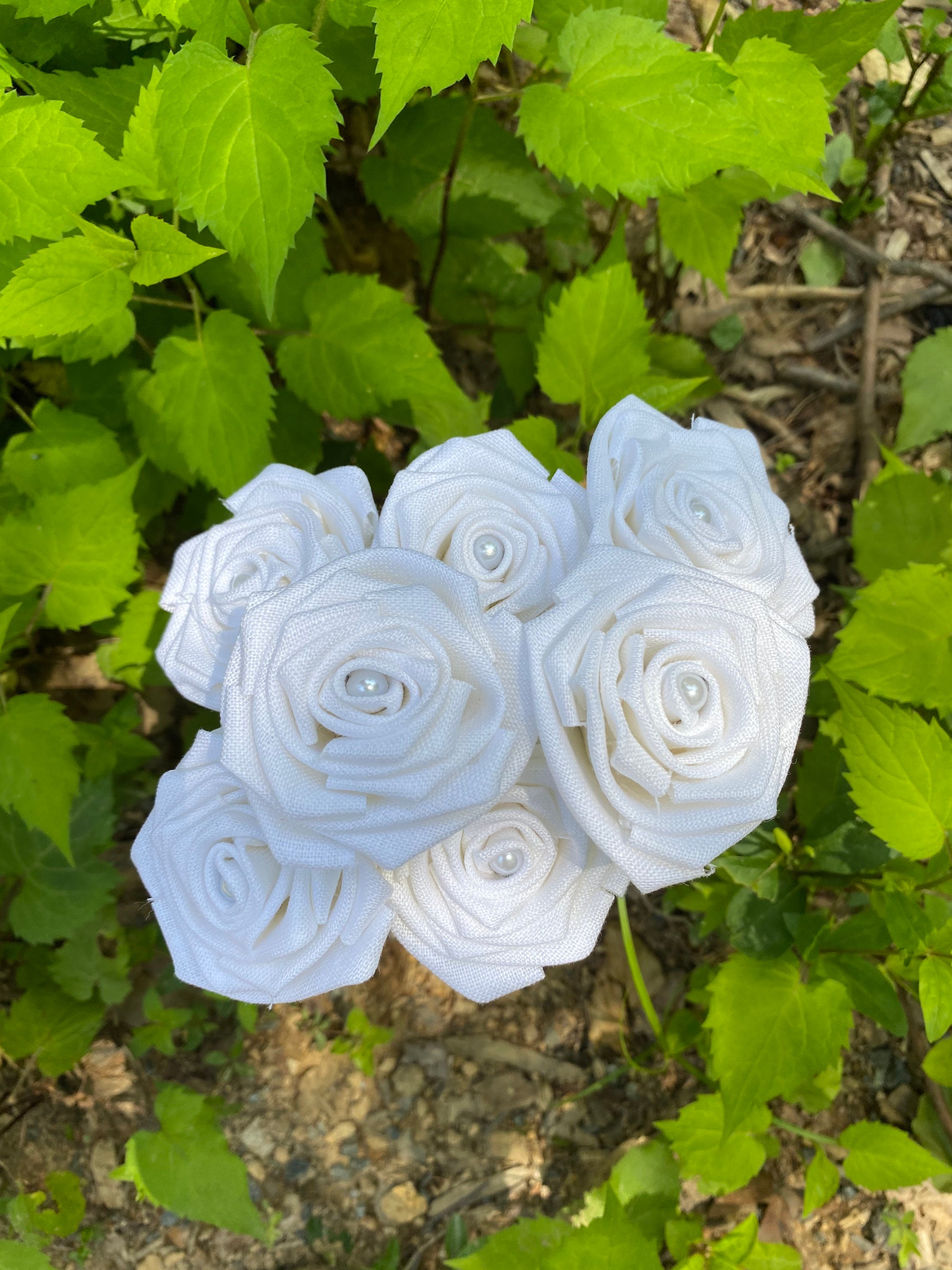 White Linen Roses With Stems, Linen Flower Bouquet, Linen Flowers ...